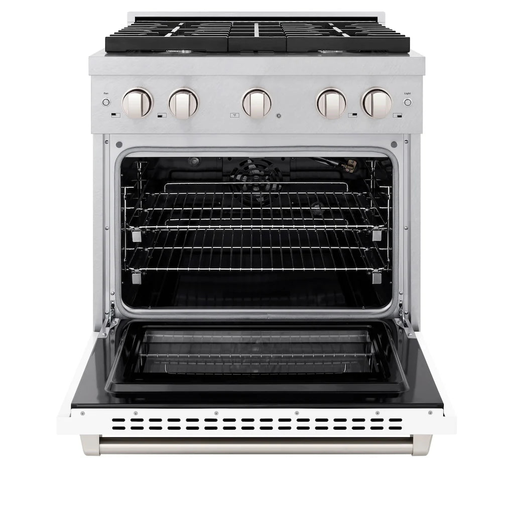 Front view with the door open of the ZLINE 30-inch 4.2 cu. ft. 4 burner gas range with convection oven in DuraSnow stainless steel and white matte door