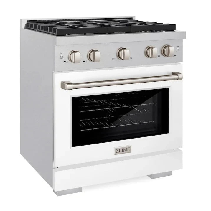 Hero shot of the ZLINE 30-inch 4.2 cu. ft. 4 burner gas range with convection oven in DuraSnow stainless steel and white matte door