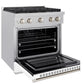 Main oven door open view of the ZLINE 30-inch 4.2 cu. ft. gas range with 4 burners in DuraSnow stainless steel and white matte door