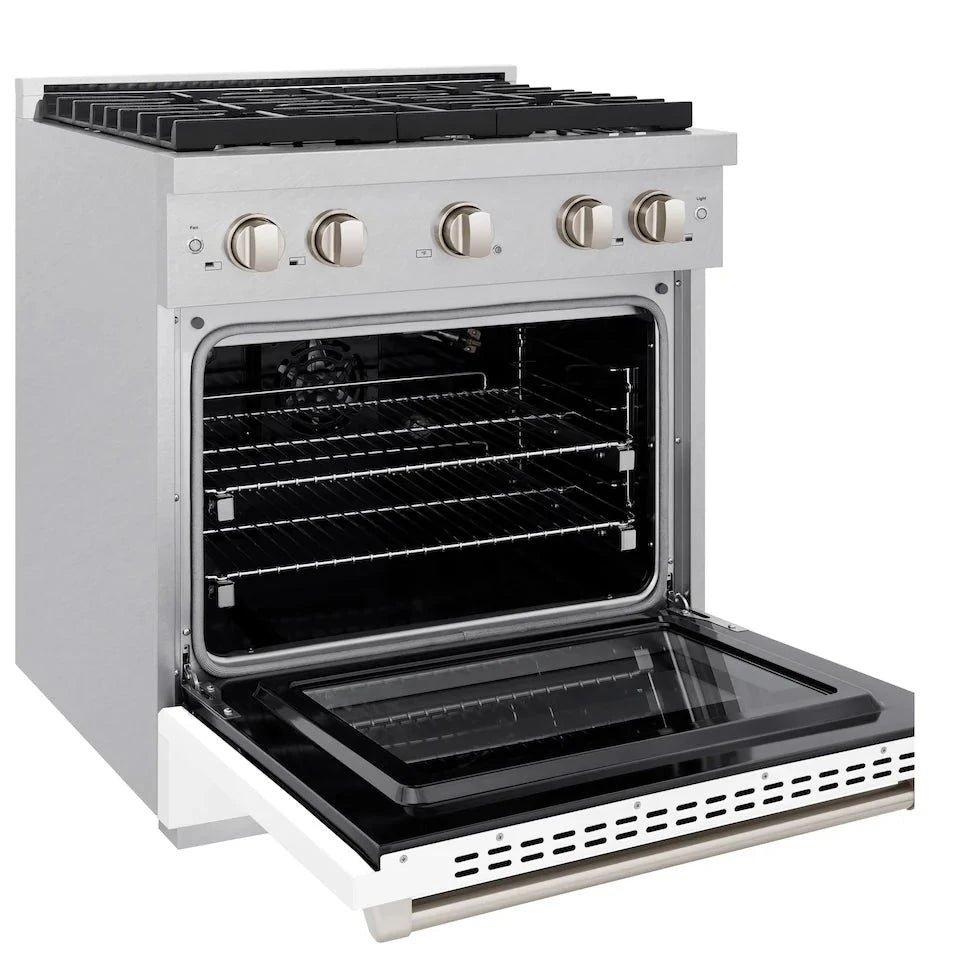 Main oven door open view of the ZLINE 30-inch 4.2 cu. ft. gas range with 4 burners in DuraSnow stainless steel and white matte door