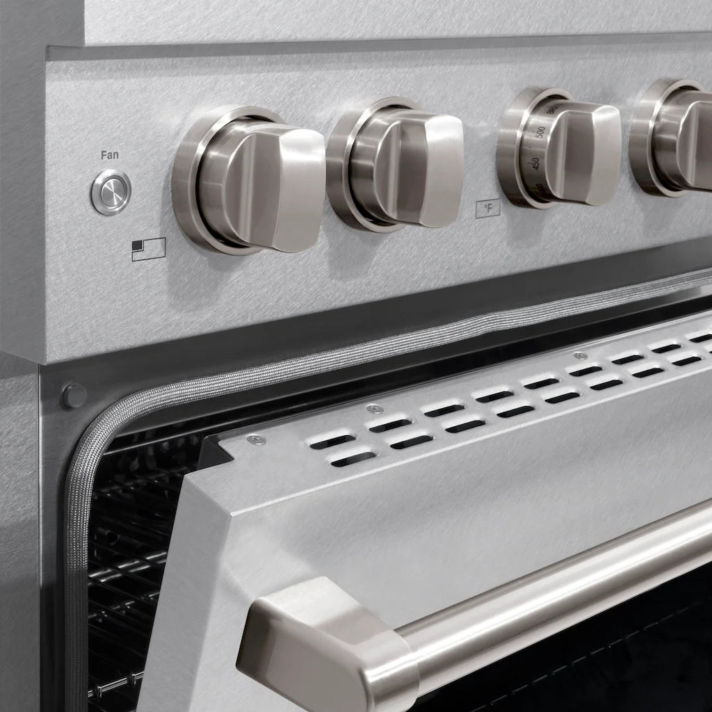 Close-up view of the ZLINE 30-inch 4 Burner Gas Range with Convection Gas Oven in DuraSnow® Stainless Steel, showing the stainless steel control knobs and partially open oven door.