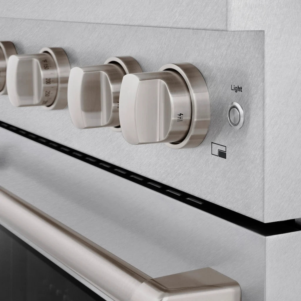 Close-up view of the stainless steel control knobs on the ZLINE 30-inch 4 Burner Gas Range with Convection Gas Oven in DuraSnow® Stainless Steel, featuring the oven light button on the right side.