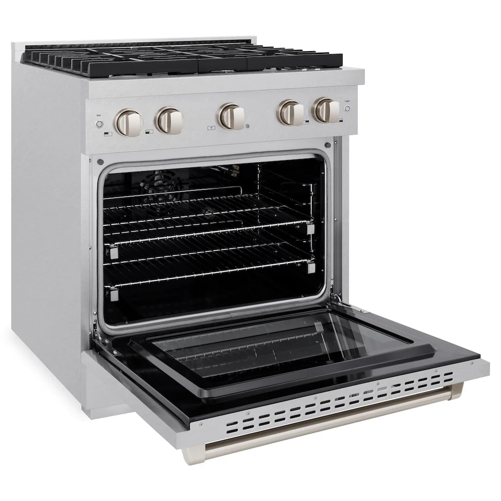 ZLINE 30-inch 4 Burner Gas Range with Convection Gas Oven in DuraSnow® Stainless Steel, showing the oven door open with racks inside and the stainless steel control knobs above.