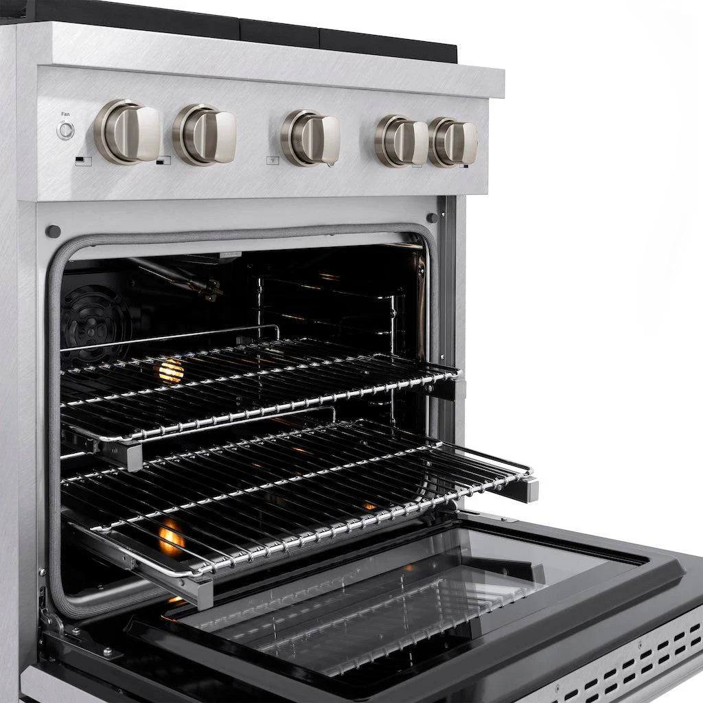 Close-up of the ZLINE 30-inch 4 Burner Gas Range with Convection Gas Oven in DuraSnow® Stainless Steel, focusing on the open oven with two racks pulled out and the stainless steel control knobs above.
