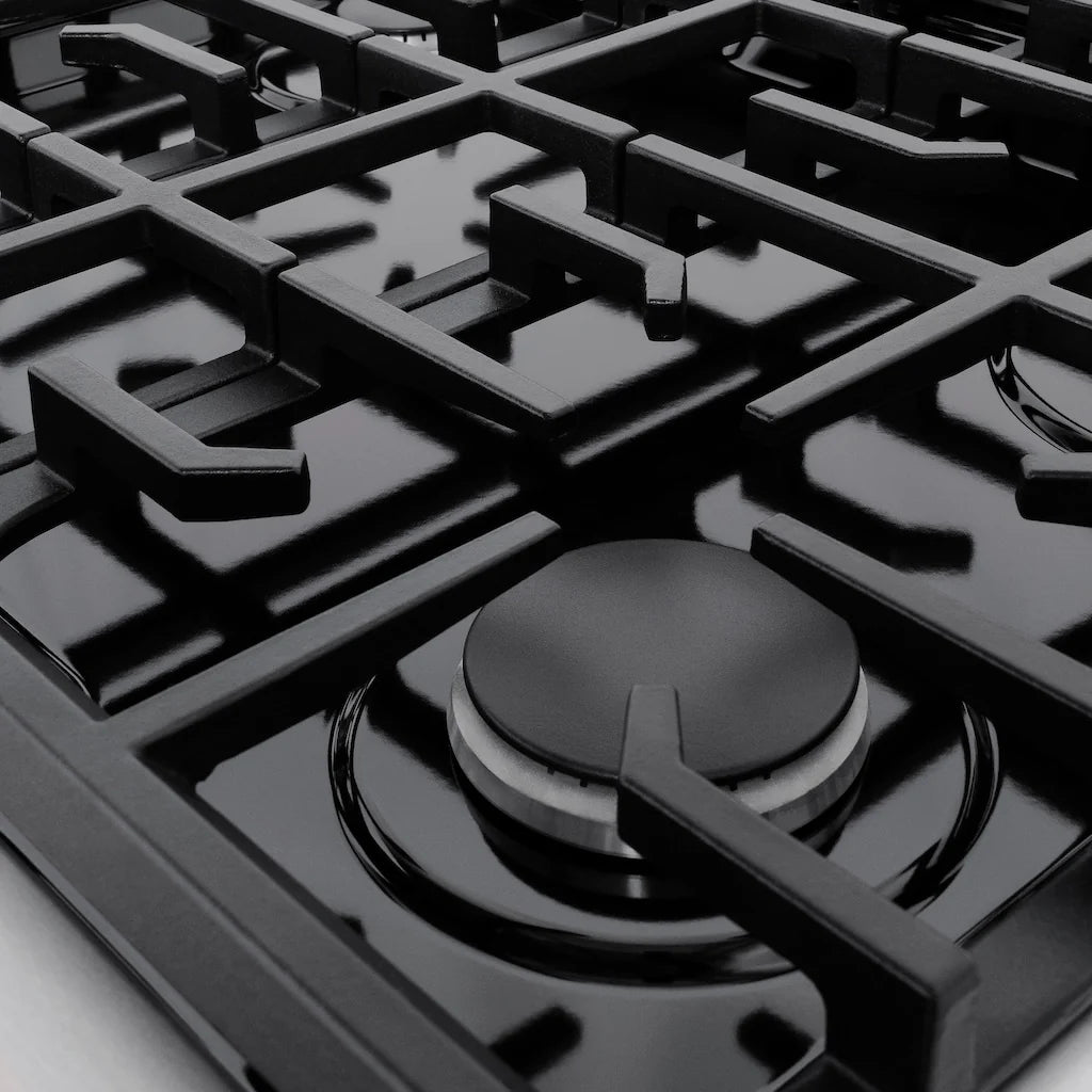 Close-up view of a burner on the ZLINE 30-inch 4 Burner Gas Range with Convection Gas Oven in DuraSnow® Stainless Steel, showcasing the black grate and burner design.
