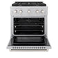 Open view of a ZLINE 30-inch gas range with four burners and a convection oven, showcasing the oven's interior with multiple racks
