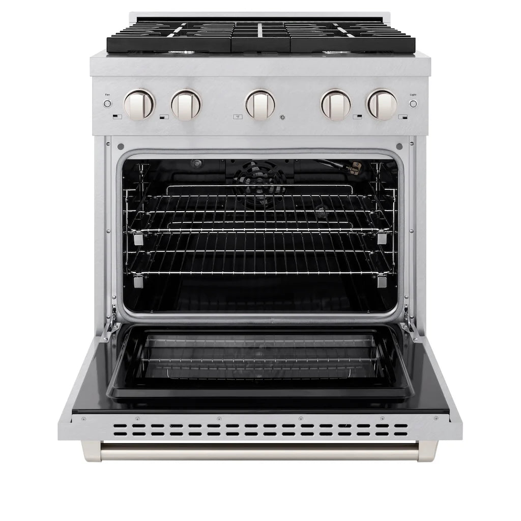 Open view of a ZLINE 30-inch gas range with four burners and a convection oven, showcasing the oven's interior with multiple racks