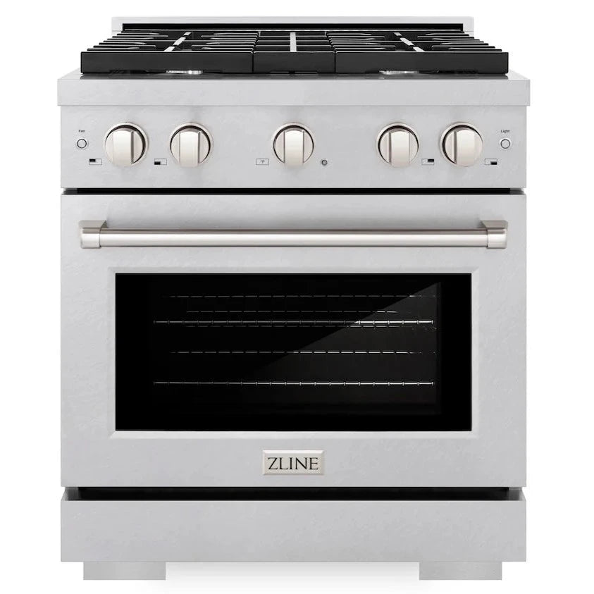 Front view of a ZLINE 30-inch gas range with four burners and a convection oven, featuring stainless steel finish and control knobs