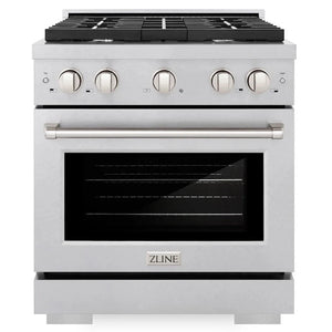Front view of a ZLINE 30-inch gas range with four burners and a convection oven, featuring stainless steel finish and control knobs