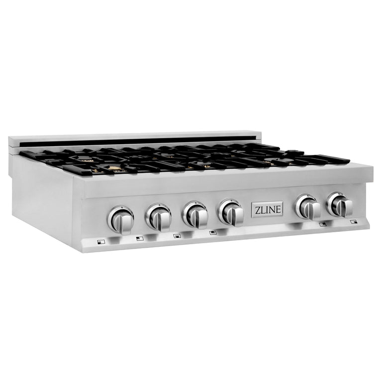 ZLINE 36" Rangetop in Stainless Steel with 6 Gas Brass Burners and Griddle, RT-BR-GR-36