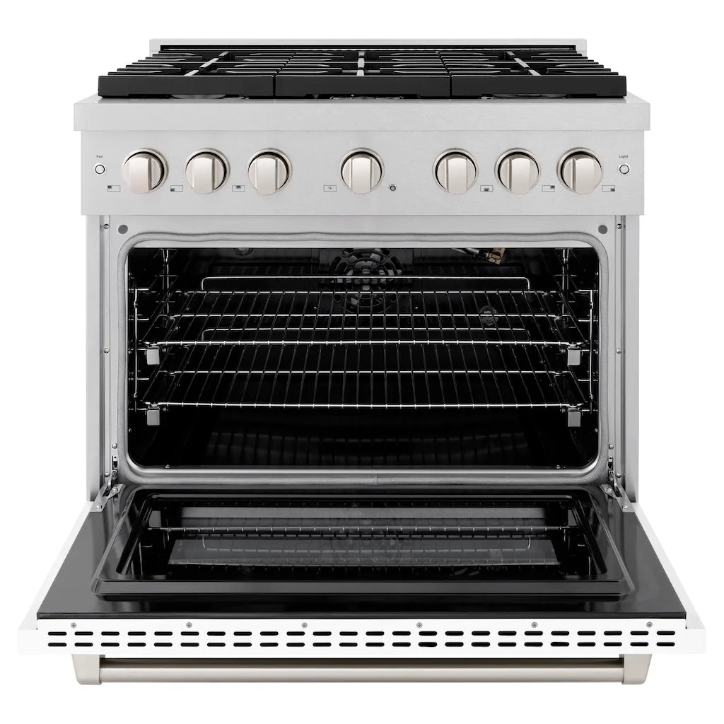 Front view with the door open of the ZLINE 36-inch 5.2 cu. ft. 6 burner gas range with convection oven in DuraSnow stainless steel and white matte door.
