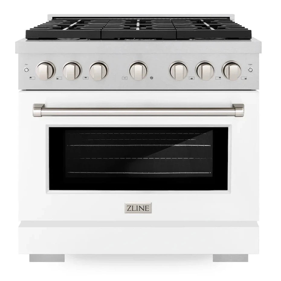 Front view of the ZLINE 36-inch 5.2 cu. ft. 6 burner gas range with convection oven in DuraSnow stainless steel and white matte door.
