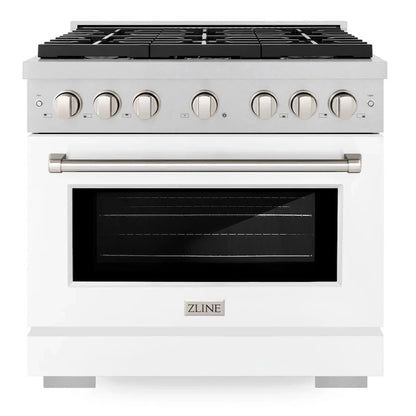Front view of the ZLINE 36-inch 5.2 cu. ft. 6 burner gas range with convection oven in DuraSnow stainless steel and white matte door.