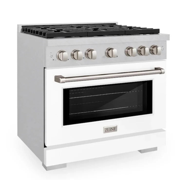 Interior view of the oven showing the fan and light inside the ZLINE 36-inch 5.2 cu. ft. 6 burner gas range with convection oven in DuraSnow stainless steel and white matte door