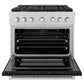 Front view of the ZLINE 36-inch 6-burner gas range with convection gas oven in DuraSnow stainless steel and black matte door, showing the oven door open and the interior racks.