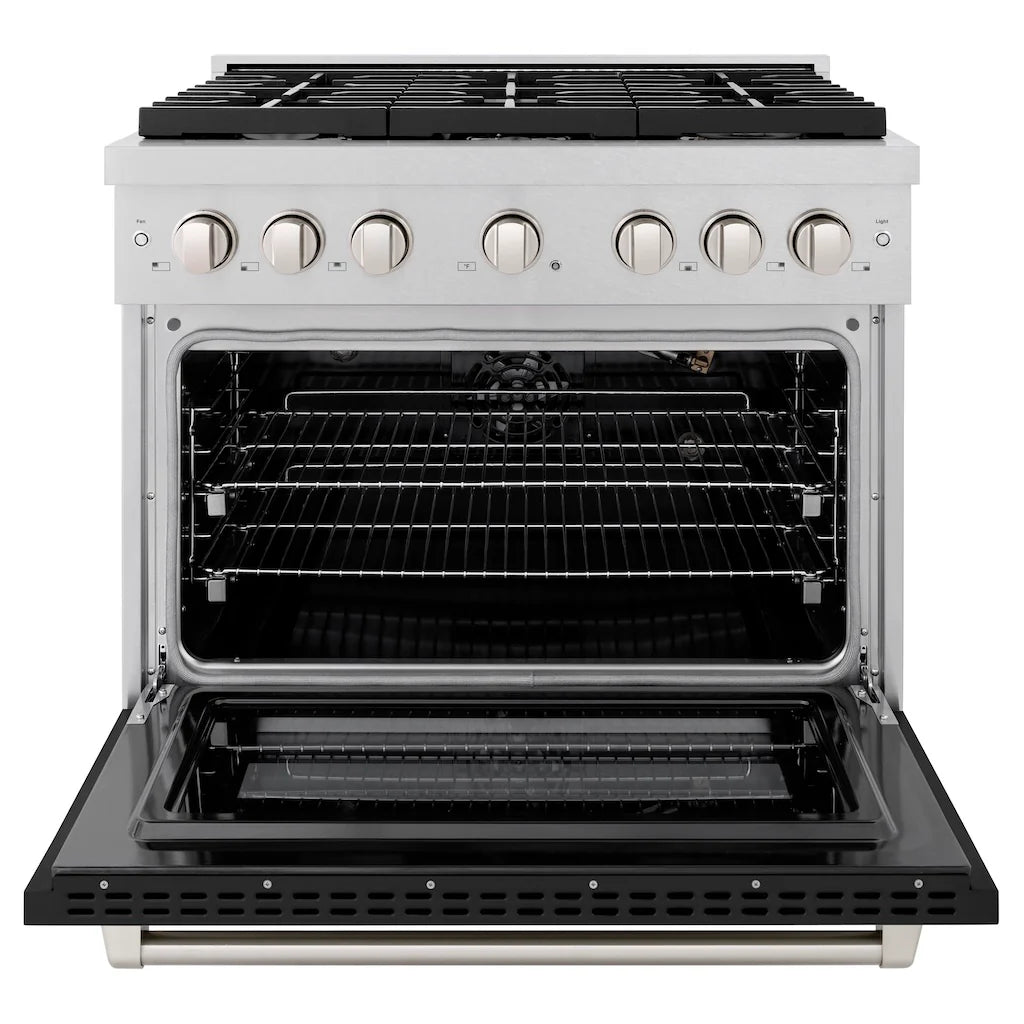 Front view of the ZLINE 36-inch 6-burner gas range with convection gas oven in DuraSnow stainless steel and black matte door, showing the oven door open and the interior racks.