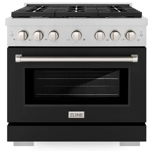 Front view of the ZLINE 36-inch 6-burner gas range with convection gas oven in DuraSnow stainless steel and black matte door, showing the closed oven door and control knobs.