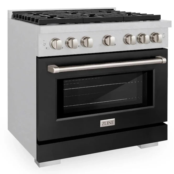 Angled front view of the ZLINE 36-inch 6-burner gas range with convection gas oven in DuraSnow stainless steel and black matte door, showcasing the control knobs and oven door.