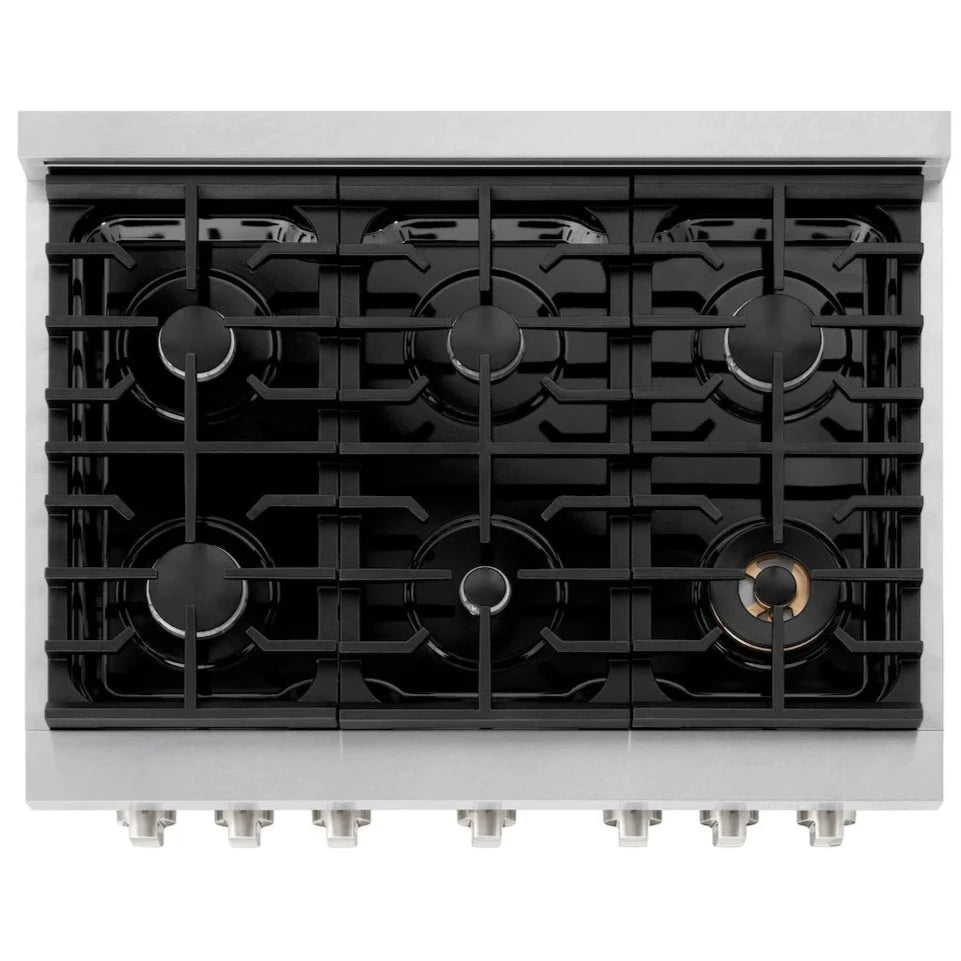 Top-down view of the ZLINE 36-inch 6-burner gas range with convection gas oven in DuraSnow stainless steel and black matte door, showing the layout of the burners and grates.