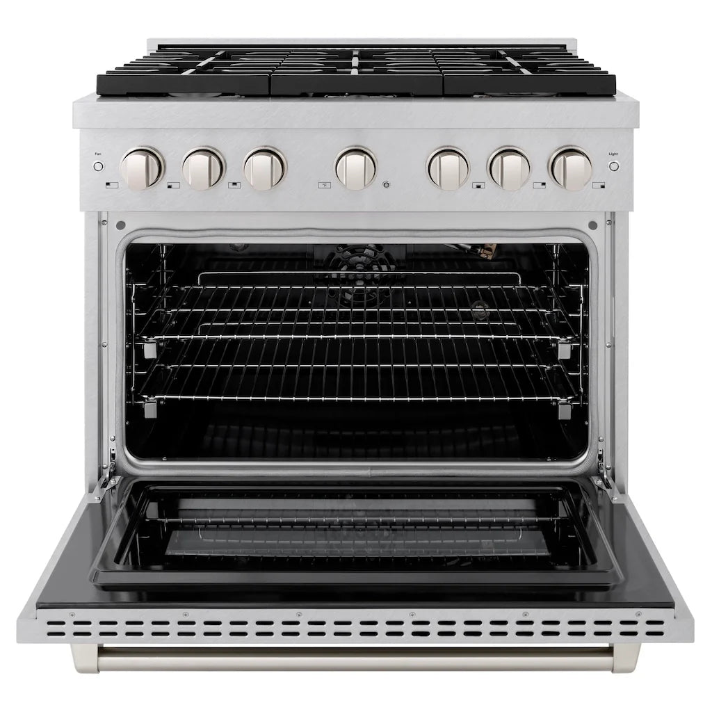 Front view of the ZLINE gas range with the oven door open, showcasing the interior racks and convection fan