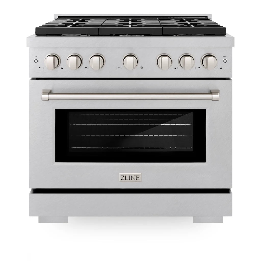 Front view of the ZLINE gas range with the oven door closed, showing the control knobs and DuraSnow stainless steel finish
