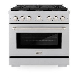 Front view of the ZLINE gas range with the oven door closed, showing the control knobs and DuraSnow stainless steel finish