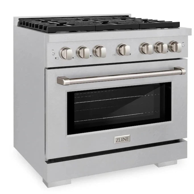Angled front view of the ZLINE gas range, showcasing the control knobs, oven door, and DuraSnow stainless steel finish