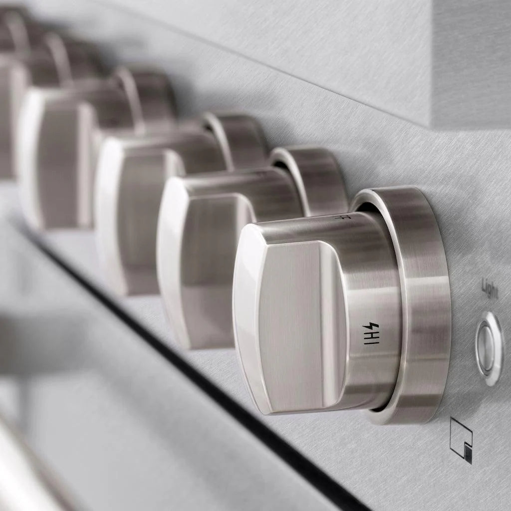 Close-up view of the stainless steel knobs on the ZLINE 36 in. Gas Range with Convection Gas Oven in DuraSnow® Stainless Steel with 6 Brass Burners
