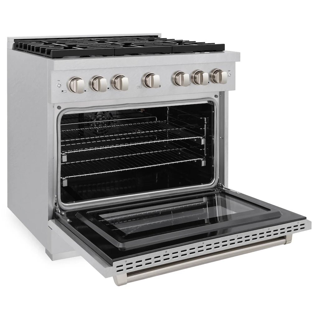 ZLINE 36-inch gas range with the oven door open, highlighting the multiple oven racks and stainless steel interior