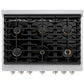 ZLINE 36-inch gas range with the oven door open, highlighting the multiple oven racks and stainless steel interior