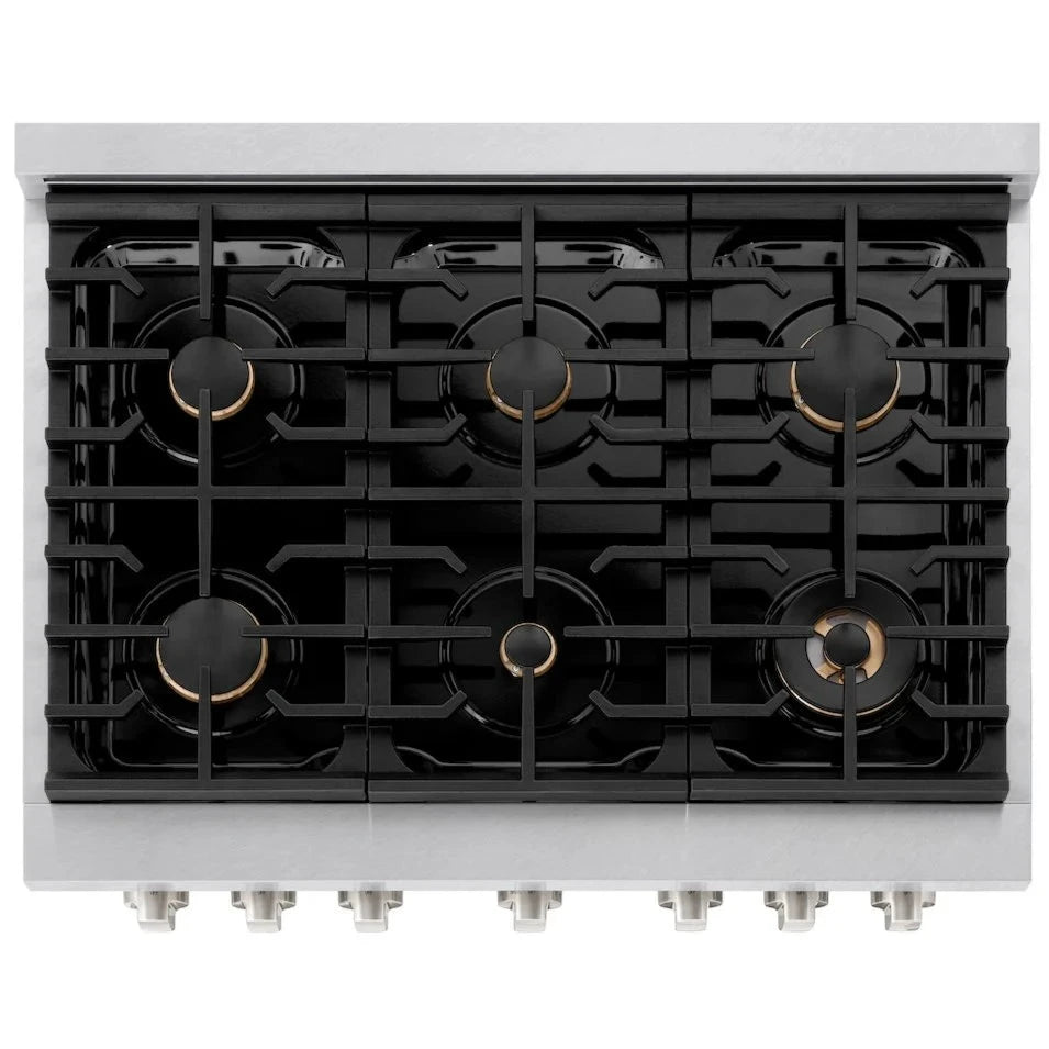 ZLINE 36-inch gas range with the oven door open, highlighting the multiple oven racks and stainless steel interior