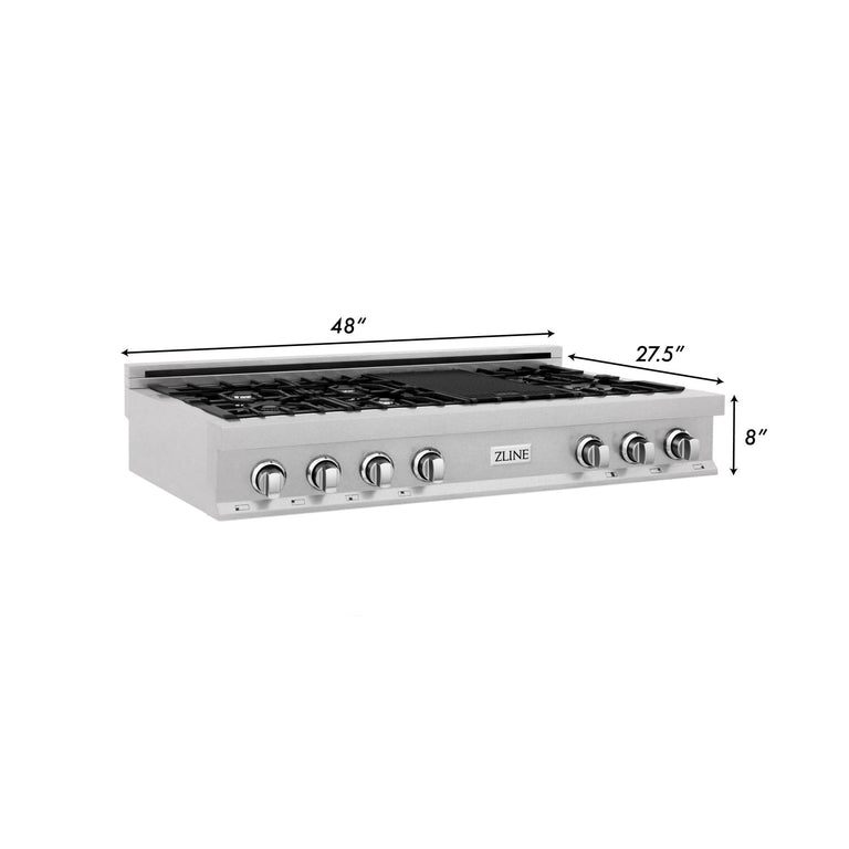 ZLINE 48" Rangetop in DuraSnow® Stainless Steel With 7 Gas Burners And Griddle, RTS-BR-GR-48