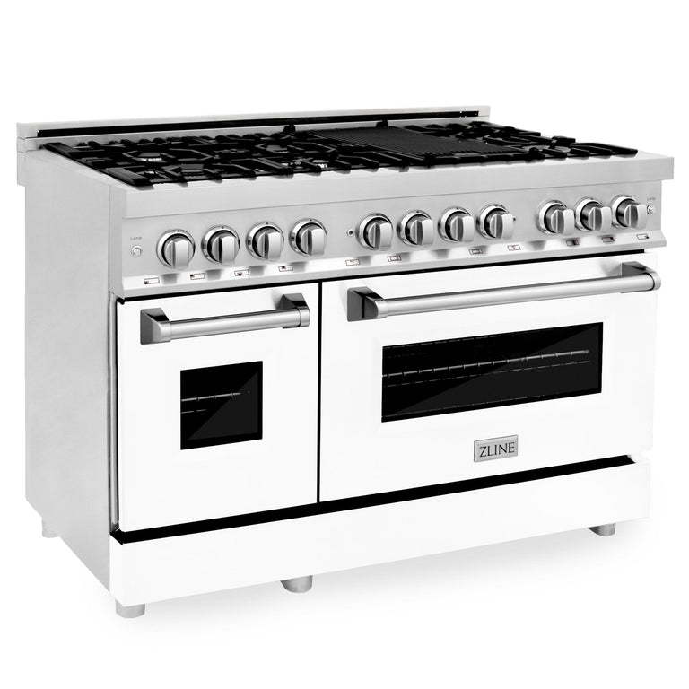 ZLINE 48" 6.0 cu. ft. Gas Burner, Electric Oven with Griddle and White Matte Door in DuraSnow® Stainless Steel, RAS-WM-GR-48