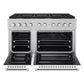 Front view with the doors open of the ZLINE 48-inch 6.7 cu. ft. 8 burner double oven gas range in DuraSnow stainless steel with white matte doors