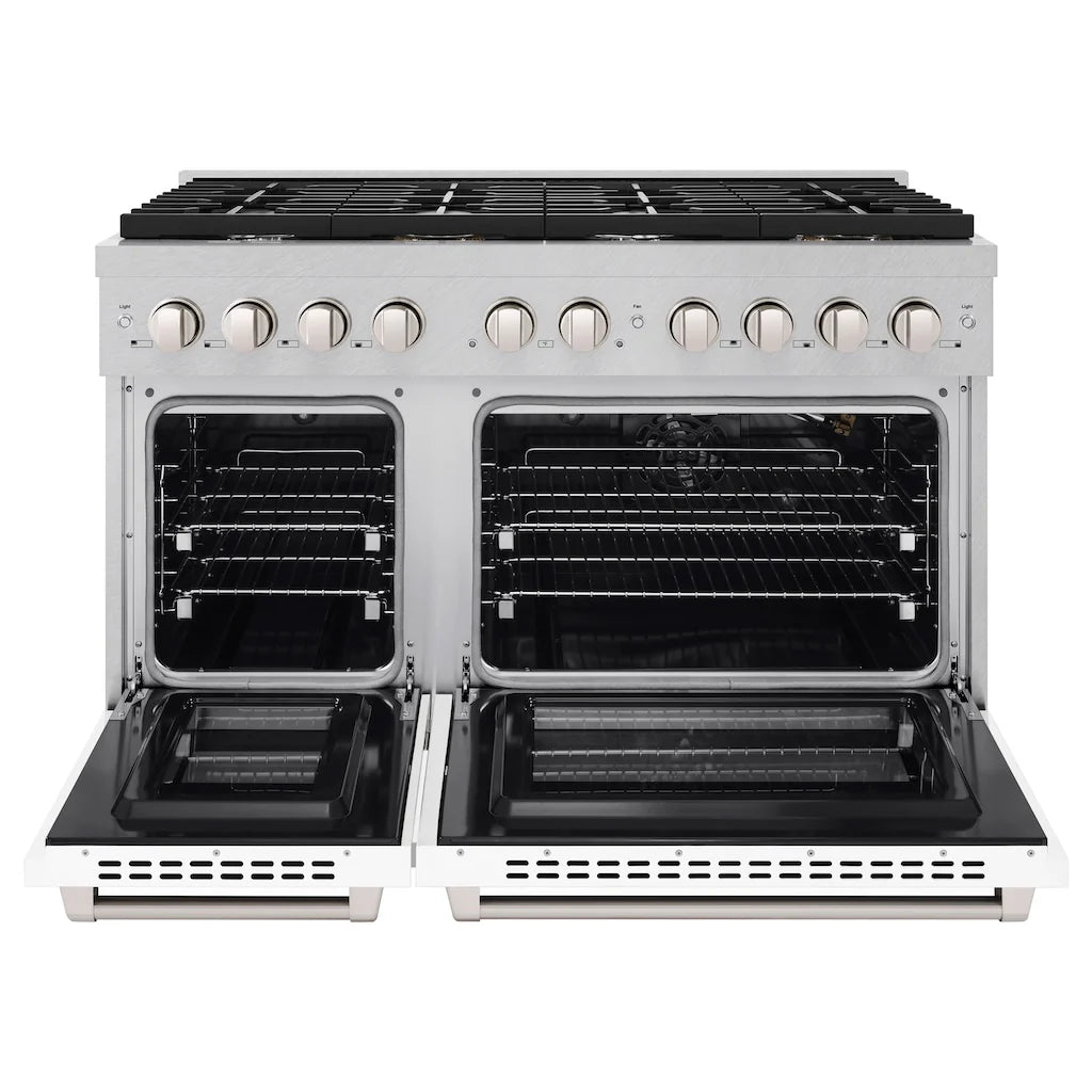 Front view with the doors open of the ZLINE 48-inch 6.7 cu. ft. 8 burner double oven gas range in DuraSnow stainless steel with white matte doors