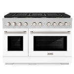 Front view of the ZLINE 48-inch 6.7 cu. ft. 8 burner double oven gas range in DuraSnow stainless steel with white matte doors