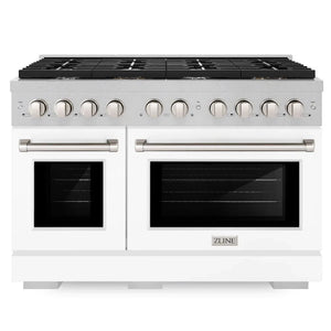 Front view of the ZLINE 48-inch 6.7 cu. ft. 8 burner double oven gas range in DuraSnow stainless steel with white matte doors