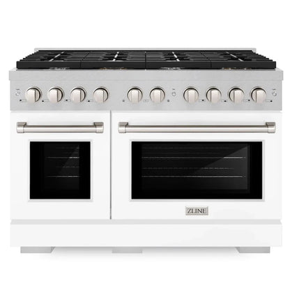 Front view of the ZLINE 48-inch 6.7 cu. ft. 8 burner double oven gas range in DuraSnow stainless steel with white matte doors