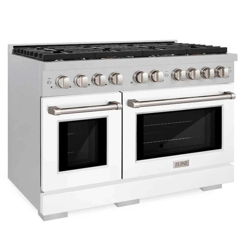 ZLINE 48-inch 6.7 cu. ft. gas range with 8 burners in DuraSnow stainless steel and white matte doors, showcasing the full appliance