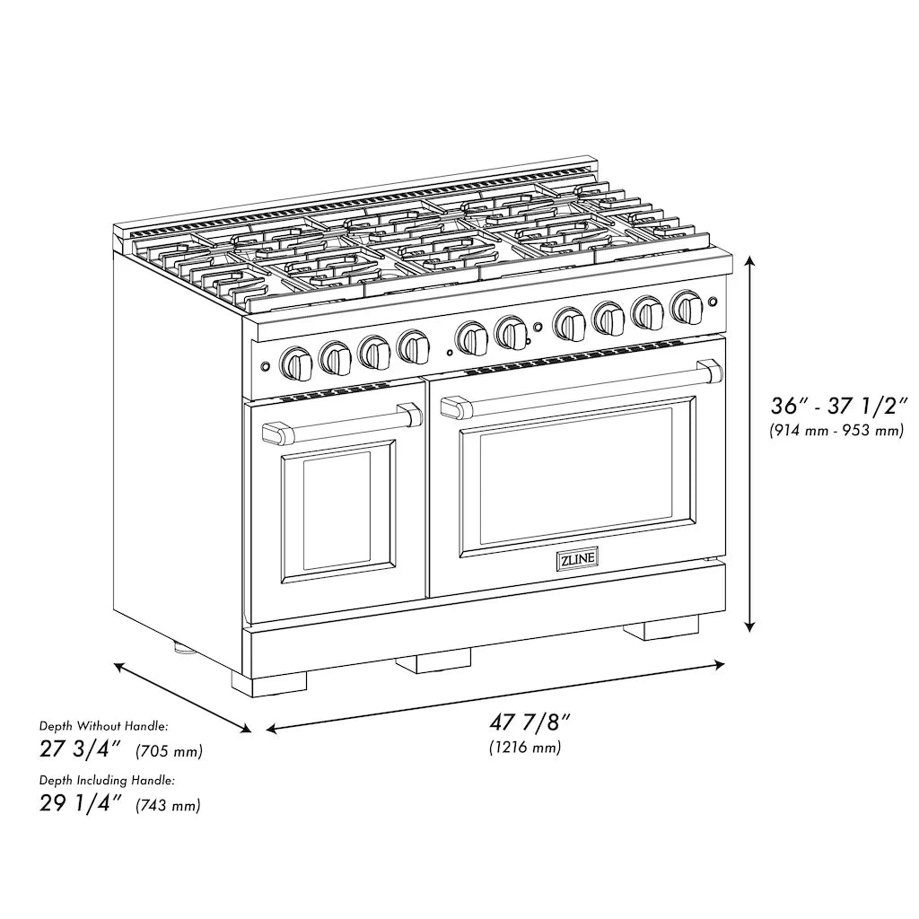 Dimensional specifications of ZLINE 48-inch 8-burner double oven gas range in DuraSnow stainless steel finish