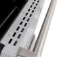 Detailed view of door mechanism on ZLINE 48-inch 8-burner double oven gas range in DuraSnow stainless steel finish