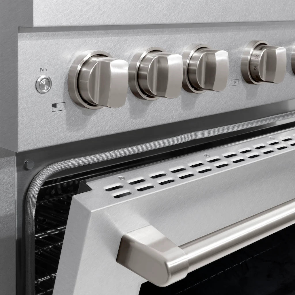 Close-up of door detail on ZLINE 48-inch 8-burner double oven gas range in DuraSnow stainless steel finish