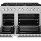 ZLINE 48-inch 8-burner double oven gas range in DuraSnow stainless steel finish, front view with oven door open