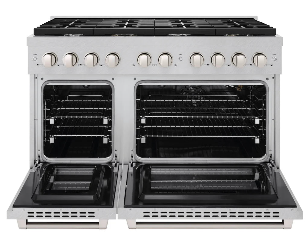 ZLINE 48-inch 8-burner double oven gas range in DuraSnow stainless steel finish, front view with oven door open