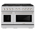 Front view of ZLINE 48-inch 8-burner double oven gas range in DuraSnow stainless steel finish