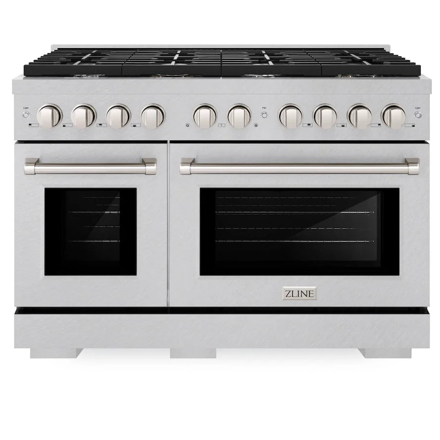 Front view of ZLINE 48-inch 8-burner double oven gas range in DuraSnow stainless steel finish