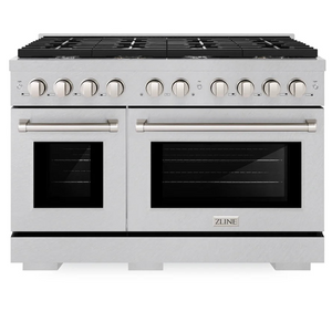 Front view of ZLINE 48-inch 8-burner double oven gas range in DuraSnow stainless steel finish