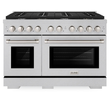 Front view of ZLINE 48-inch 8-burner double oven gas range in DuraSnow stainless steel finish