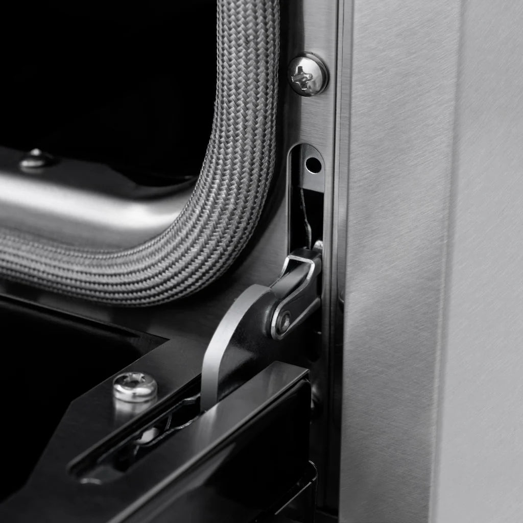 Detailed view of hinge mechanism on ZLINE 48-inch 8-burner double oven gas range in DuraSnow stainless steel finish