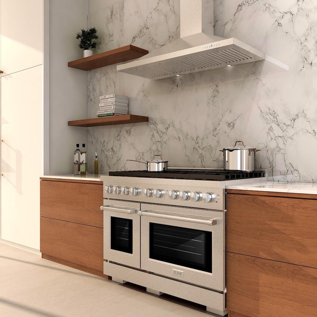 Lifestyle shot featuring ZLINE 48-inch 8-burner double oven gas range in DuraSnow stainless steel finish